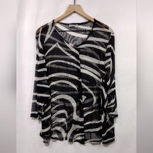 Women's Artsy Mesh Button Top Size XXL Black White Boho Retro 90s Y2K Casual